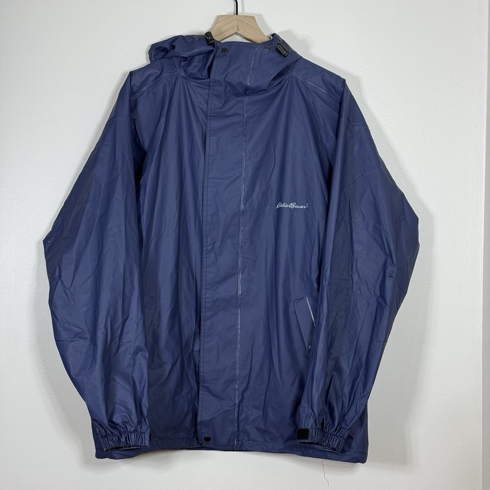 Eddie Bauer Mens Rain Jacket Size L Navy Blue Waterproof Hooded Utility Workwear